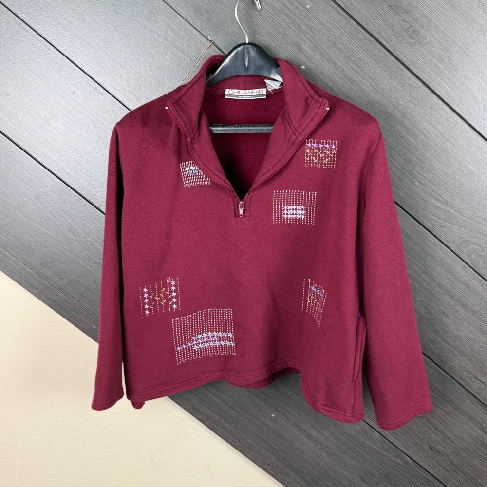 Chinawear By Morsey Women's Large Y2K Burgundy Embroidered Cropped Quarter Zip